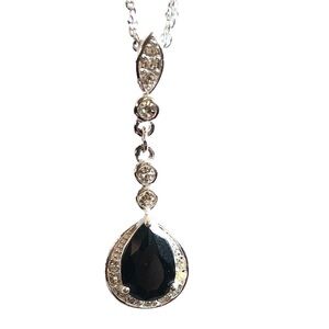 Y2K Rhinestone Black Stone Teardrop Pendant Silver Tone Necklace Prom